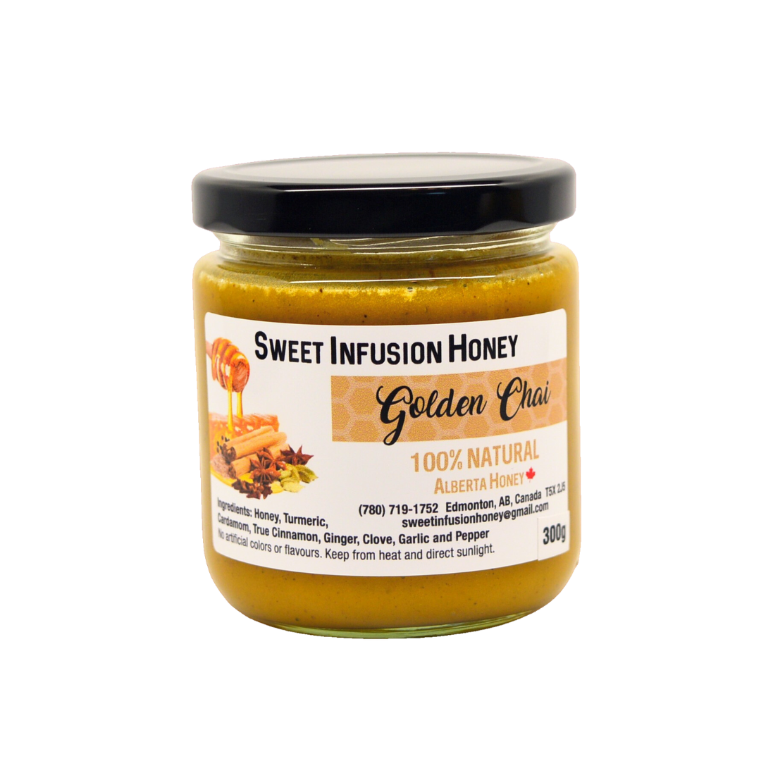 Jar of Sweet Infusion Honey Golden Chai on a white background