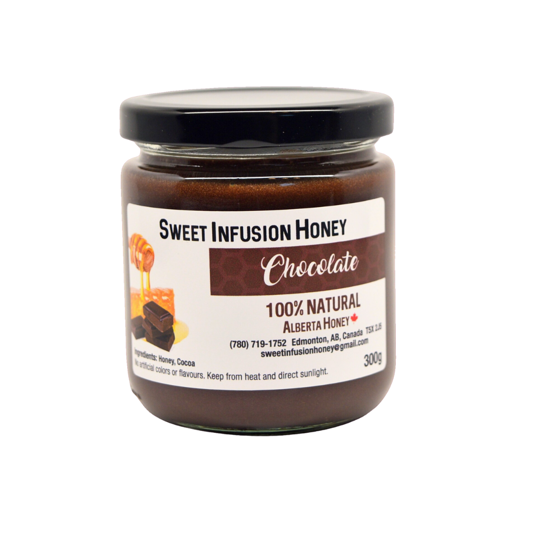 Jar of Sweet Infusion Honey Chocolate on a white background