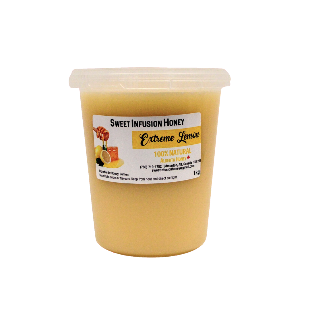 Container of Sweet Infusion Honey Extreme Lemon on a white background