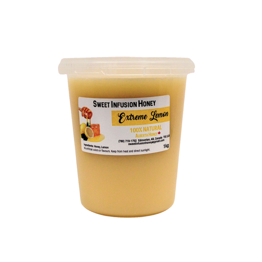 Container of Sweet Infusion Honey Extreme Lemon on a white background