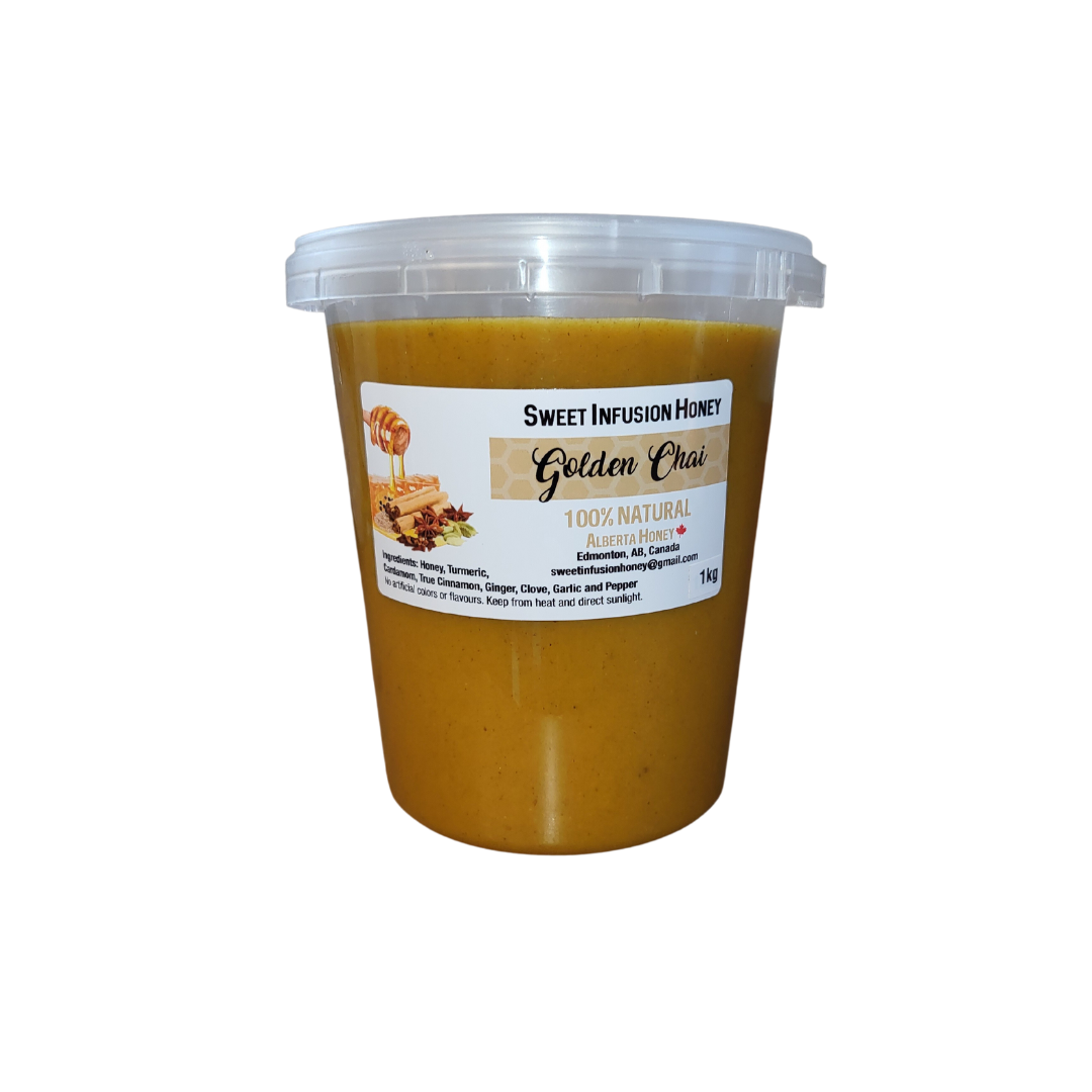 Container of Sweet Infusion Honey Golden Chai on a white background