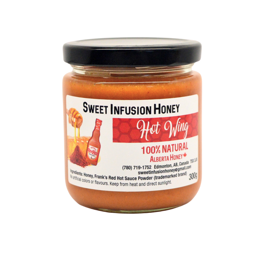 Jar of Sweet Infusion Honey Hot Wing on a white background