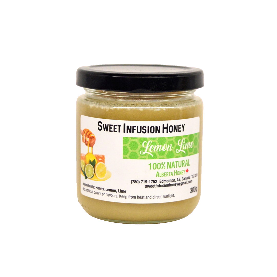Jar of Sweet Infusion Honey Lemon Lime on a white background