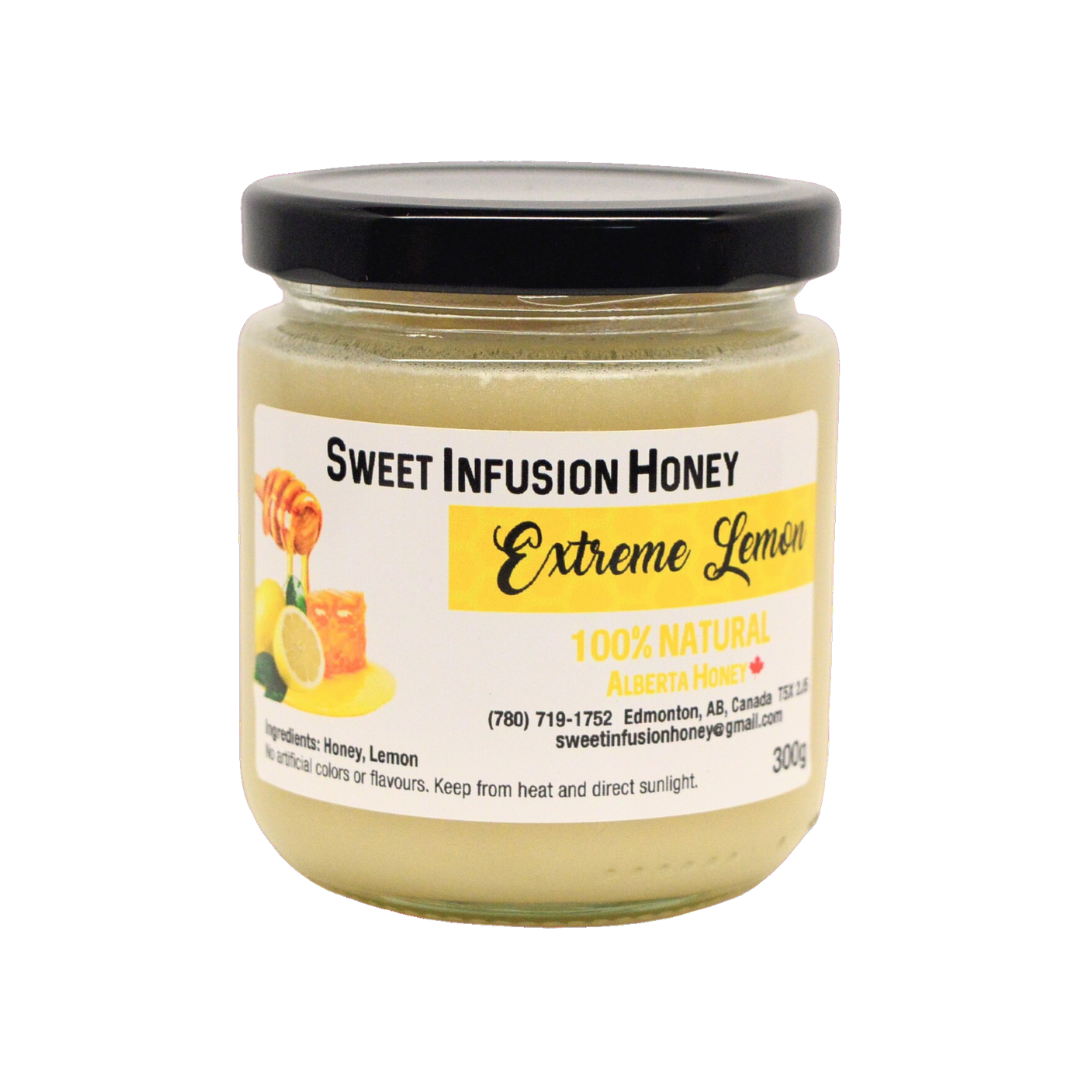 Jar of Sweet Infusion Honey Extreme Lemon on a white background
