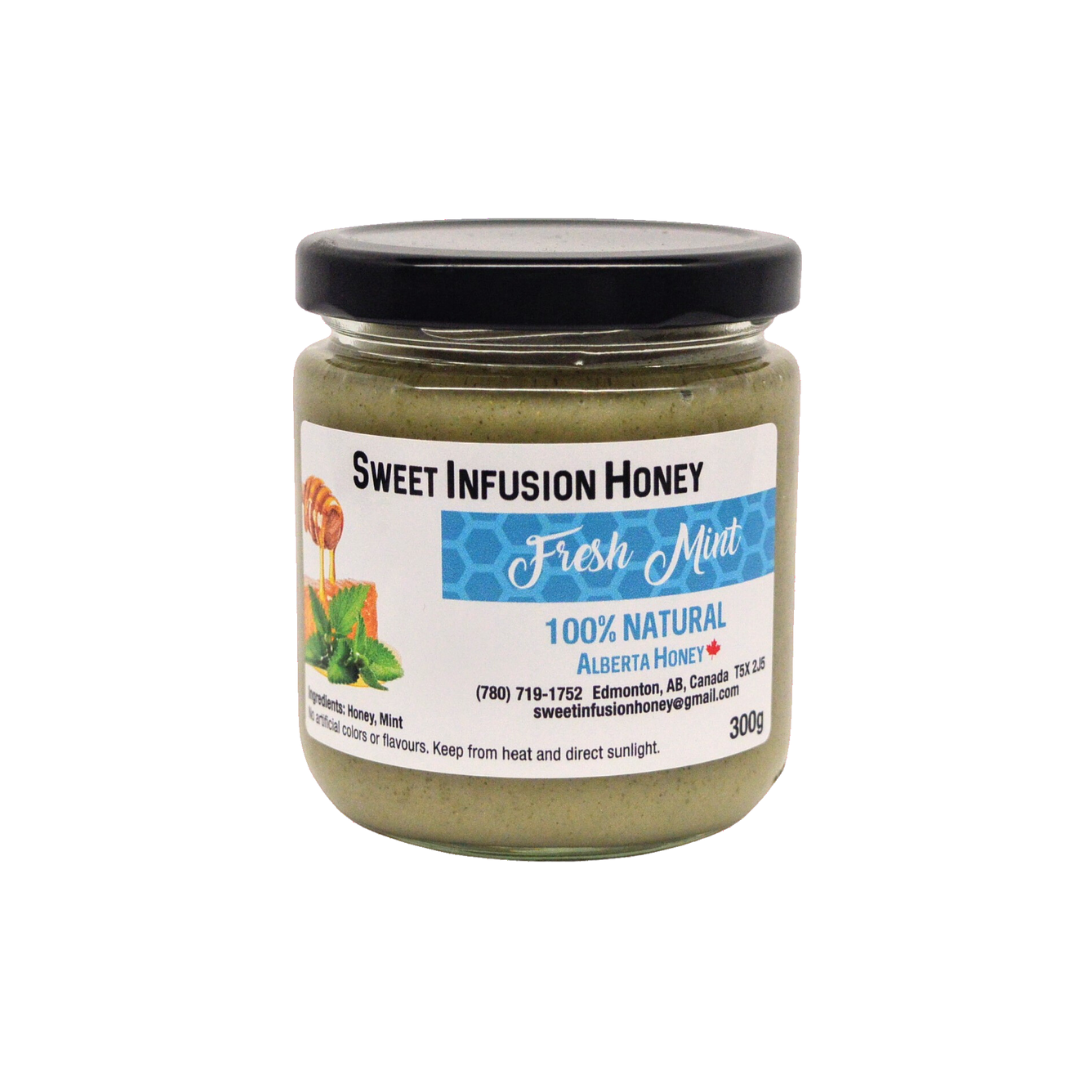 Jar of Sweet Infusion Honey with a black lid on a white background