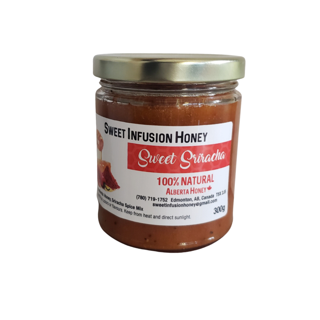 Jar of Sweet Infusion Honey Sweet Sriracha on a white background