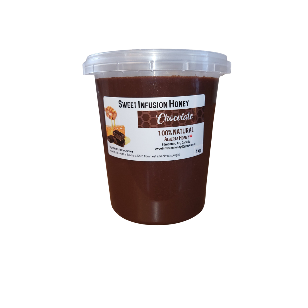 Container of Sweet Infusion Honey with a label on a white background
