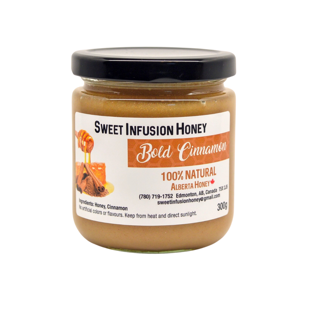 Jar of Sweet Infusion Honey Bold Cinnamon on a white background